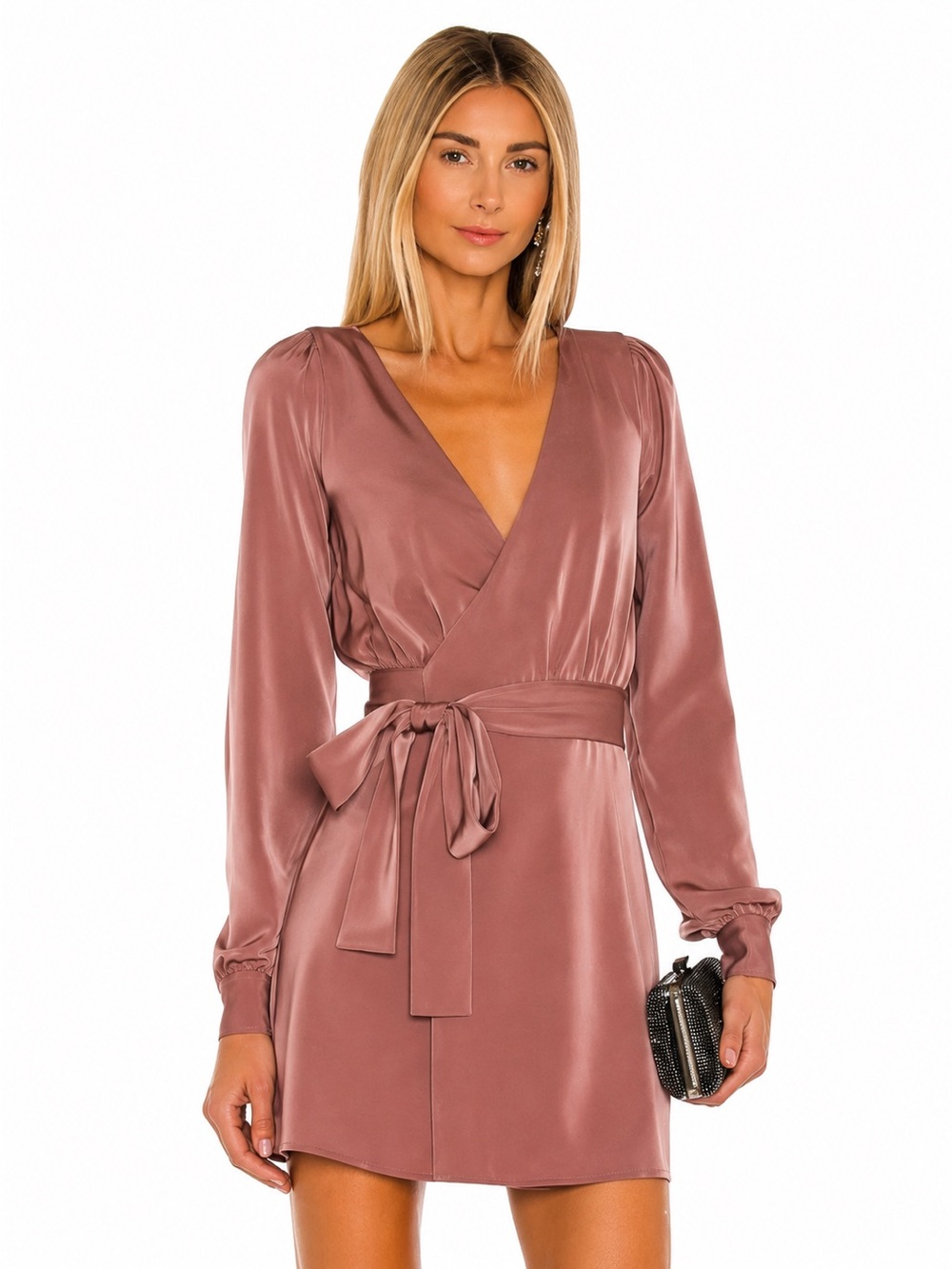 NBD Janet Mauve Satin Wrap Mini Dress Long Sleeve Cocktail XS